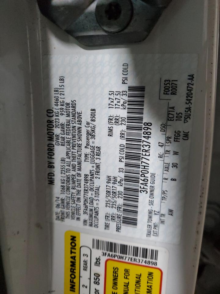 2014 Ford Fusion Se VIN: 3FA6P0H77ER374898 Lot: 89734025