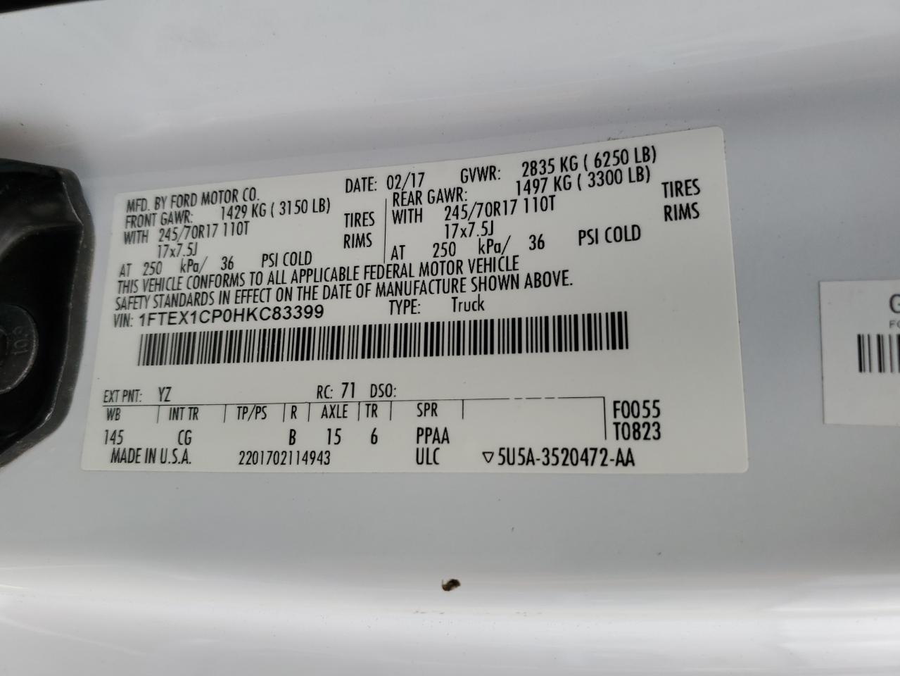 2017 Ford F150 Super Cab VIN: 1FTEX1CP0HKC83399 Lot: 85374695