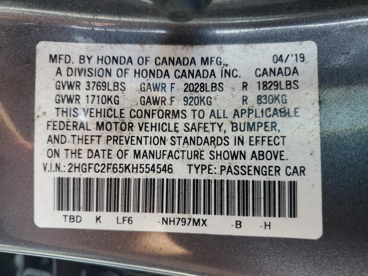 2019 Honda Civic Lx VIN: 2HGFC2F65KH554546 Lot: 85360755