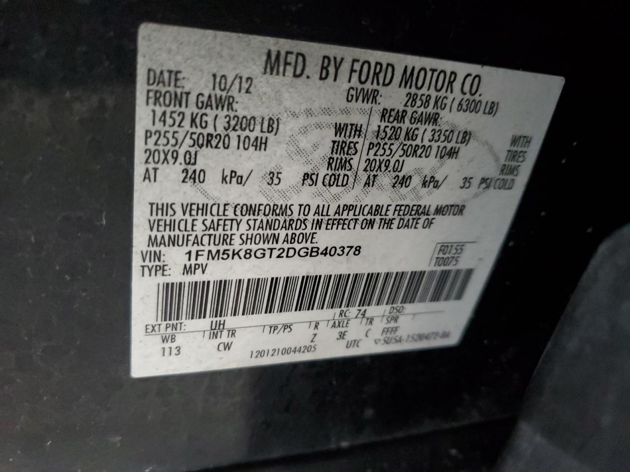 2013 Ford Explorer Sport VIN: 1FM5K8GT2DGB40378 Lot: 82374235
