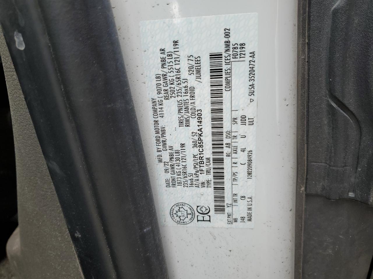 2023 Ford Transit T-250 VIN: 1FTBR1C85PKA14903 Lot: 86500935