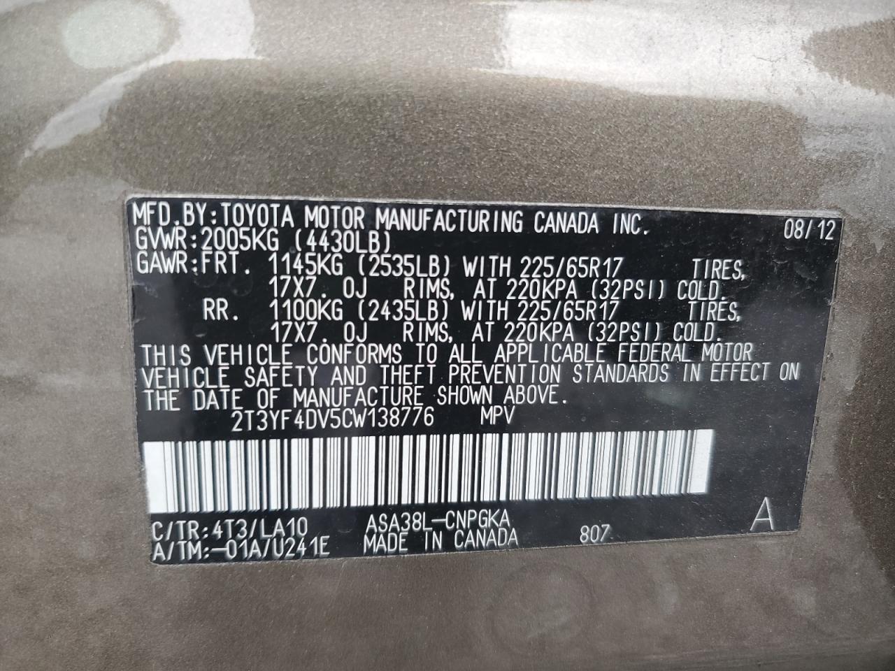 2012 Toyota Rav4 Limited VIN: 2T3YF4DV5CW138776 Lot: 84279805