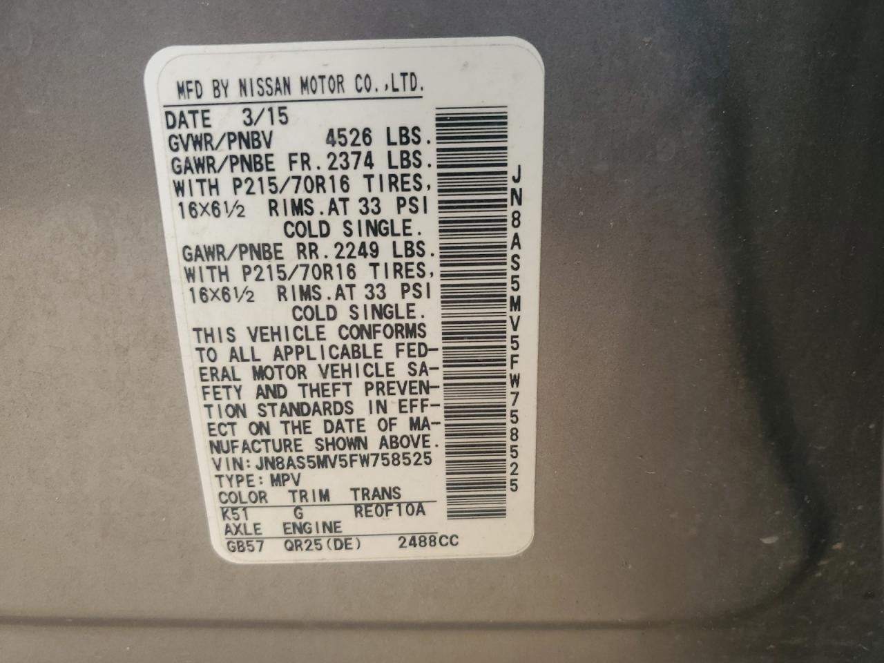 2015 Nissan Rogue Select S VIN: JN8AS5MV5FW758525 Lot: 86237475