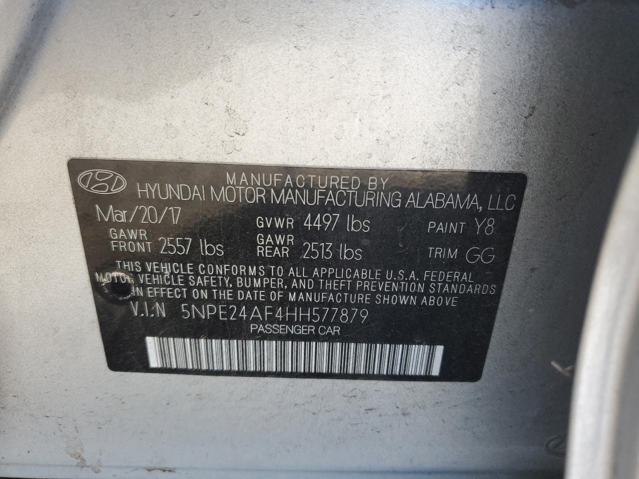 2017 Hyundai Sonata Se VIN: 5NPE24AF4HH577879 Lot: 85906955