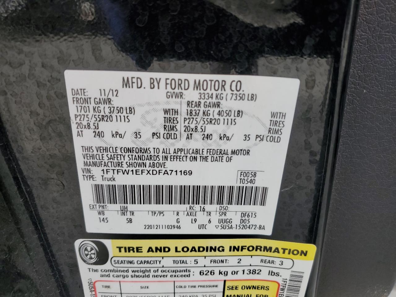 2013 Ford F150 Supercrew VIN: 1FTFW1EFXDFA71169 Lot: 86086465