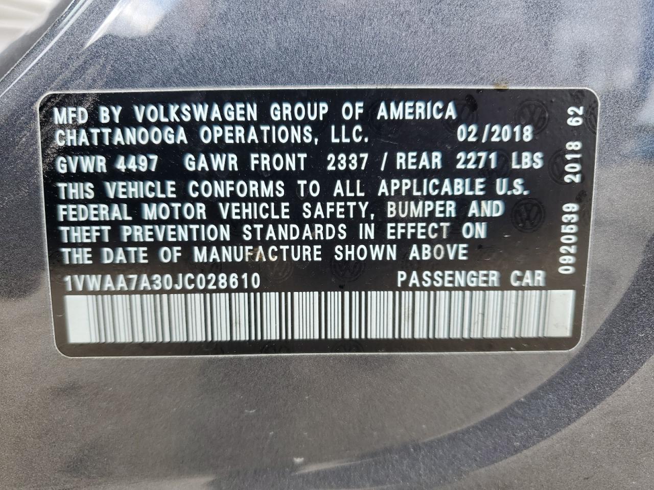 2018 Volkswagen Passat S VIN: 1VWAA7A30JC028610 Lot: 84710855