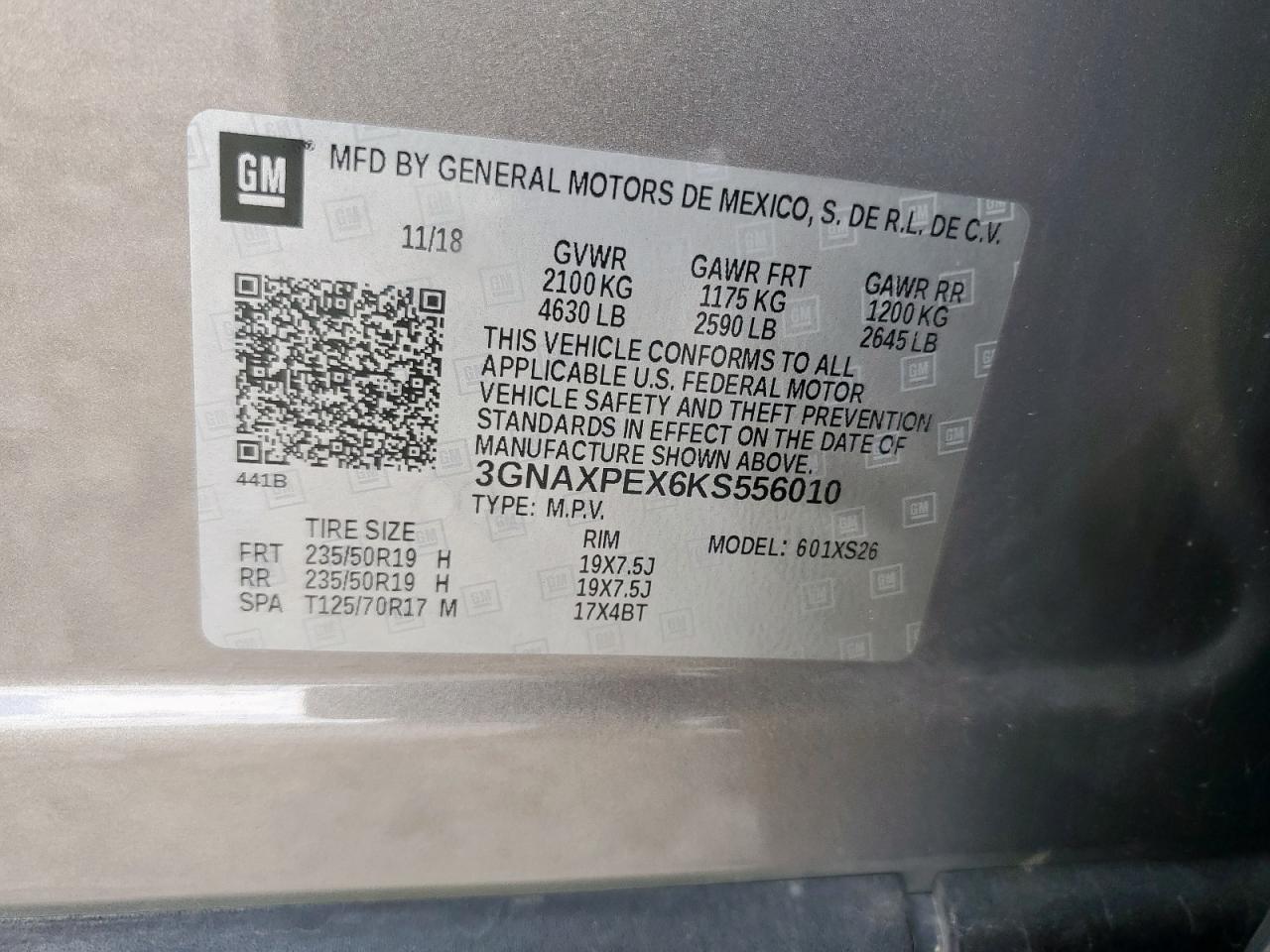 2019 Chevrolet Equinox Premier VIN: 3GNAXPEX6KS556010 Lot: 85525955