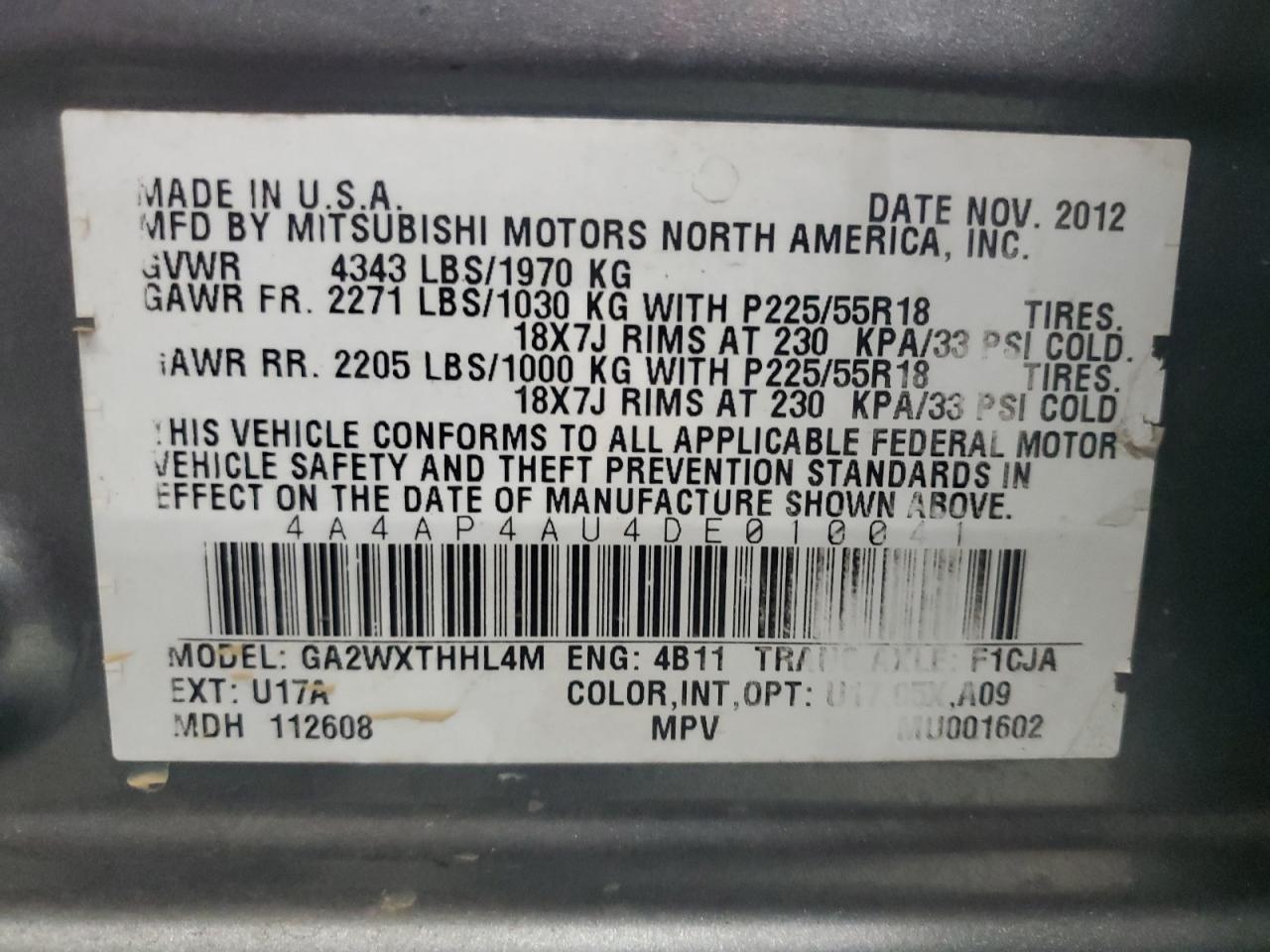 2013 Mitsubishi Outlander Sport Se VIN: 4A4AP4AU4DE010041 Lot: 89796945
