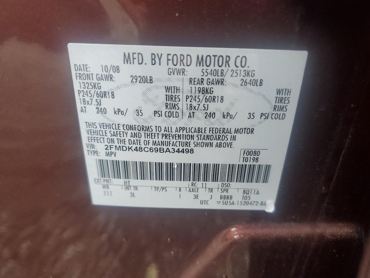 2009 Ford Edge Sel VIN: 2FMDK48C69BA34498 Lot: 85580205