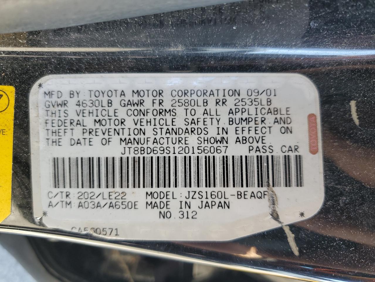2002 Lexus Gs 300 VIN: JT8BD69S120156067 Lot: 82512265
