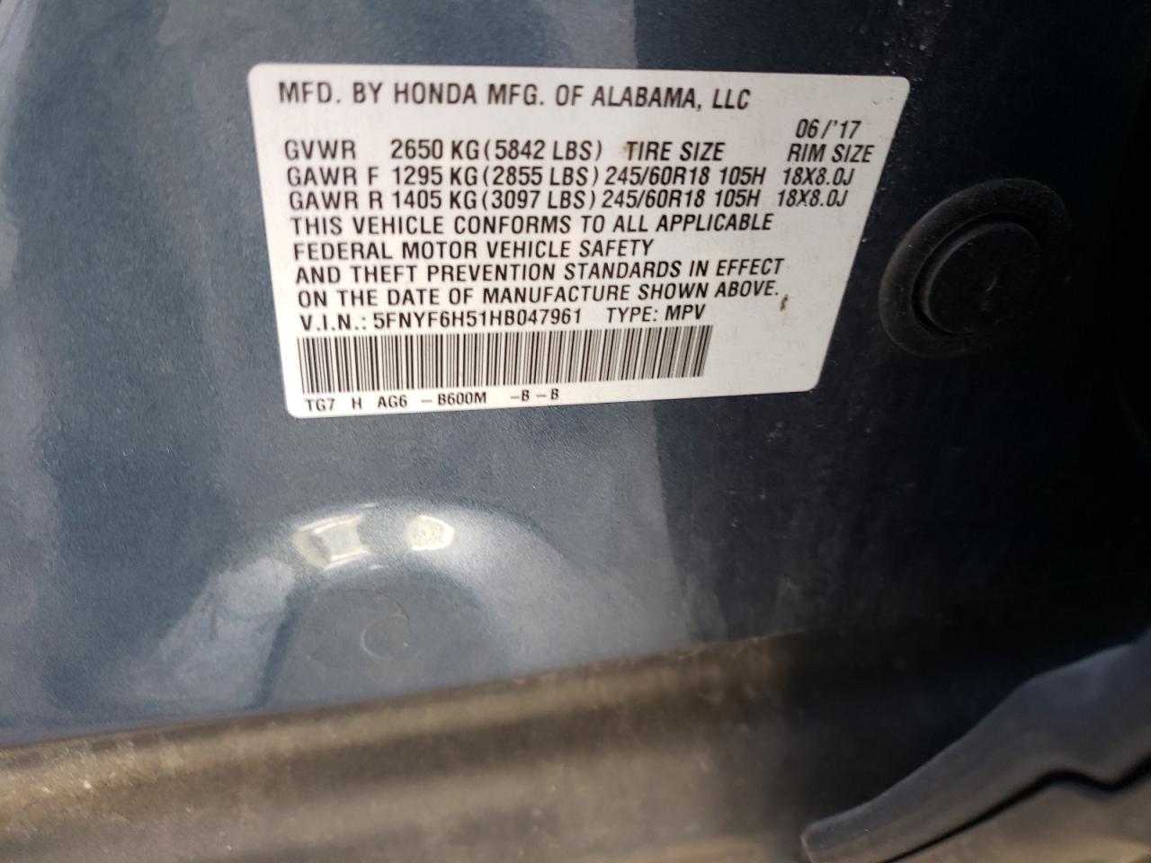 2017 Honda Pilot Exl VIN: 5FNYF6H51HB047961 Lot: 81950775