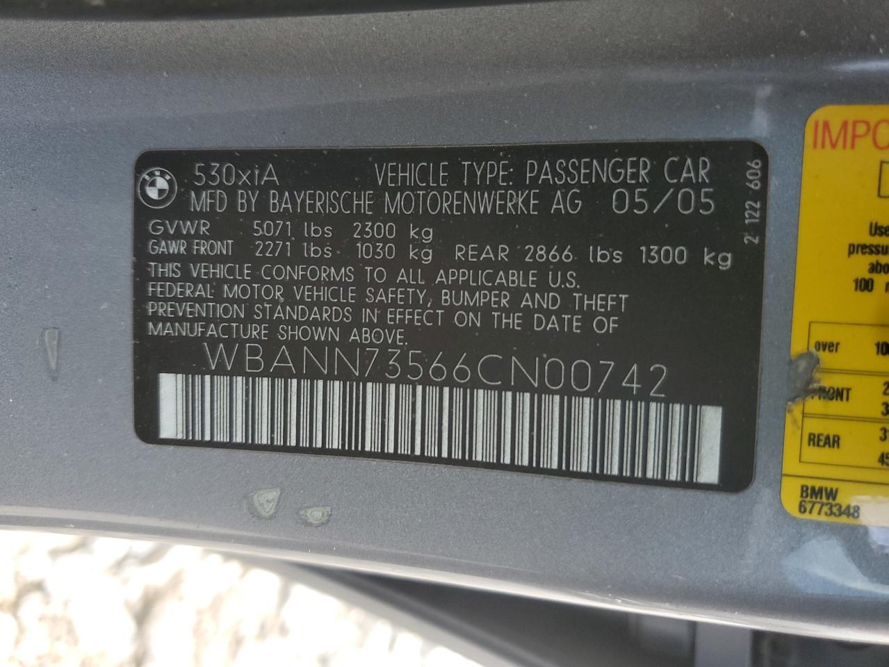 2006 BMW 530 Xit VIN: WBANN73566CN00742 Lot: 84783215