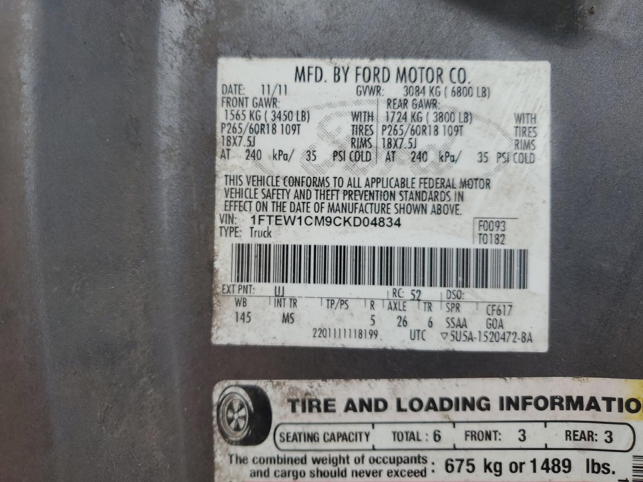 2012 Ford F150 Supercrew VIN: 1FTEW1CM9CKD04834 Lot: 87087685