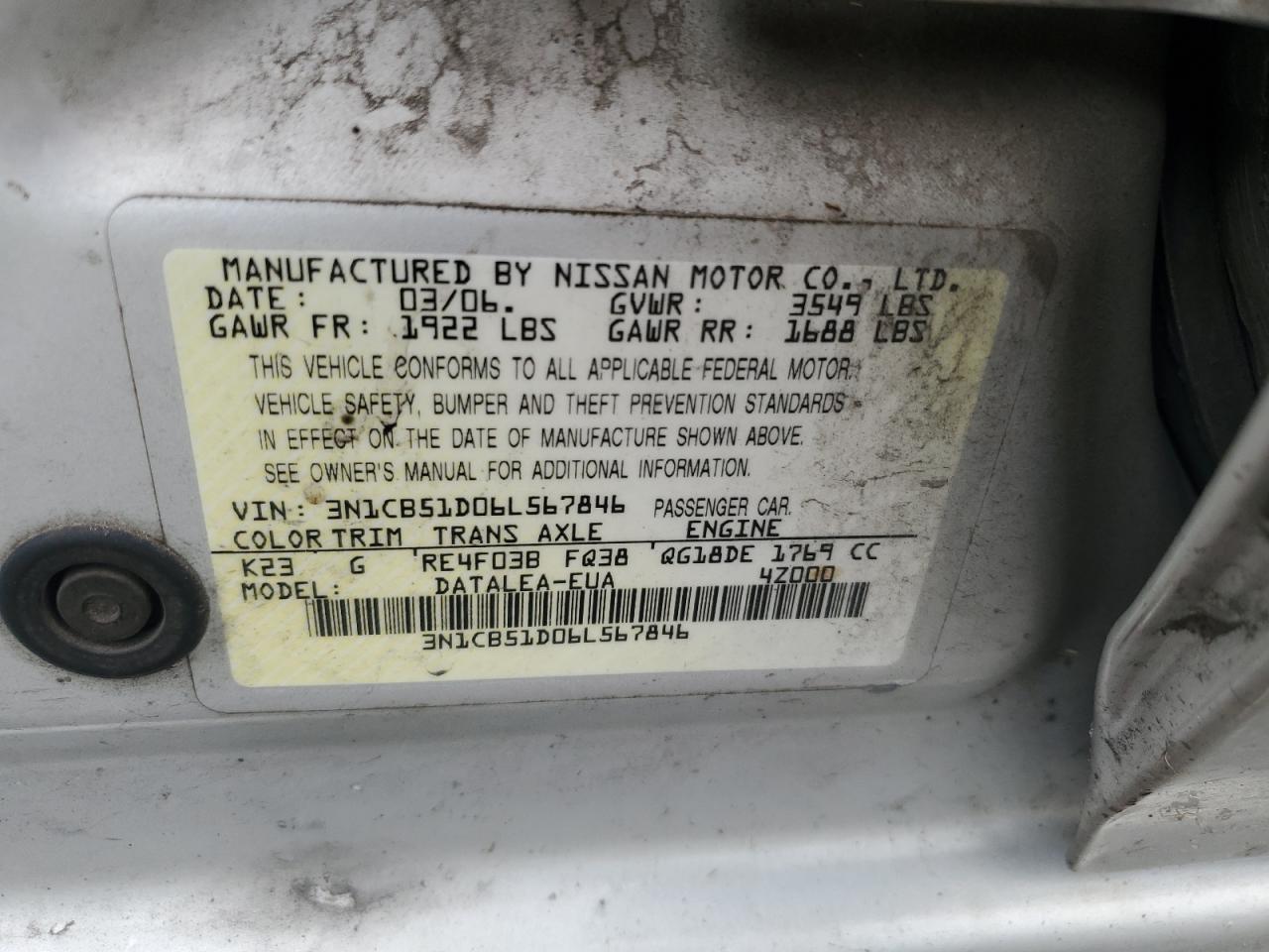 2006 Nissan Sentra 1.8 VIN: 3N1CB51D06L567846 Lot: 86625205