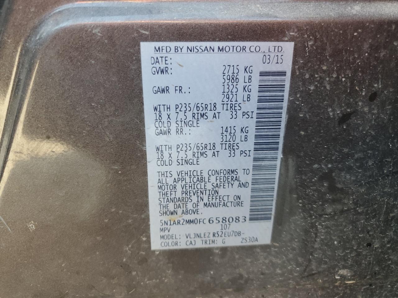 2015 Nissan Pathfinder S VIN: 5N1AR2MM0FC658083 Lot: 81996825