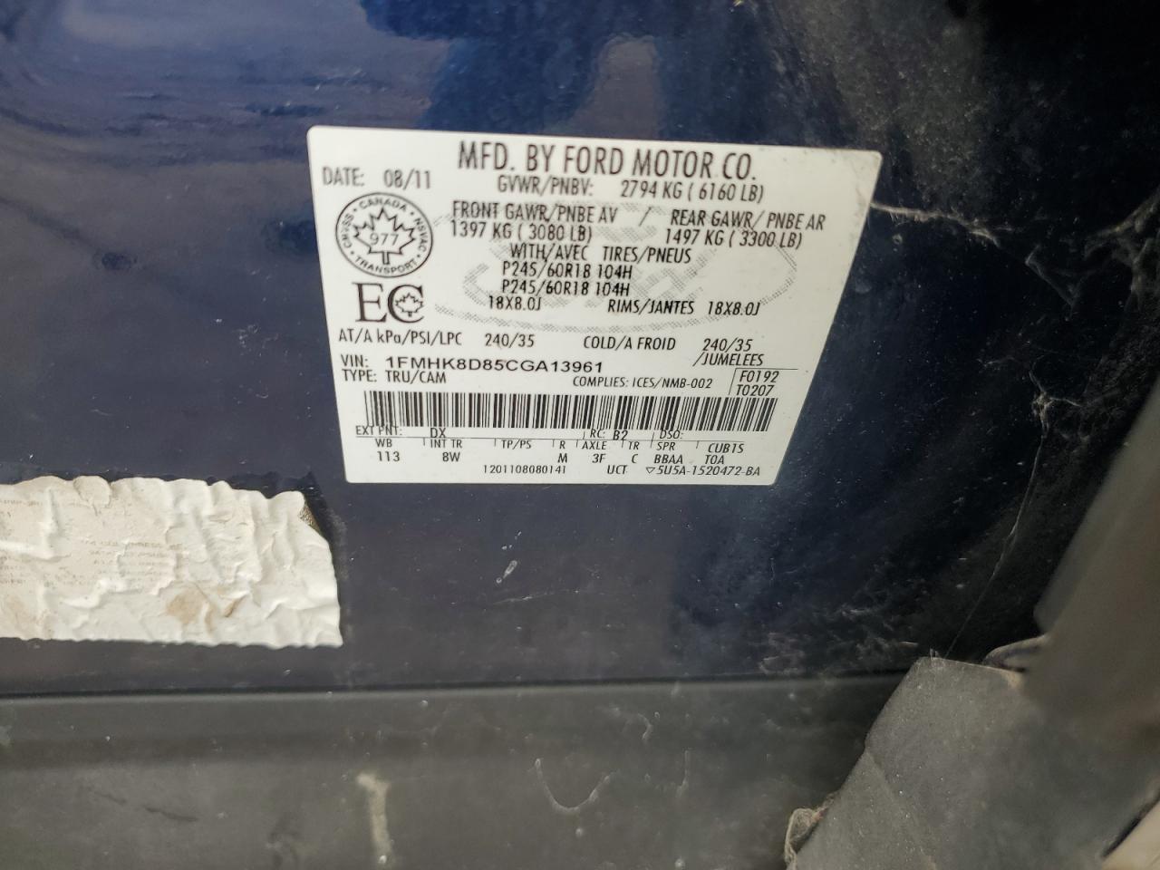 2012 Ford Explorer Xlt VIN: 1FMHK8D85CGA13961 Lot: 85511025