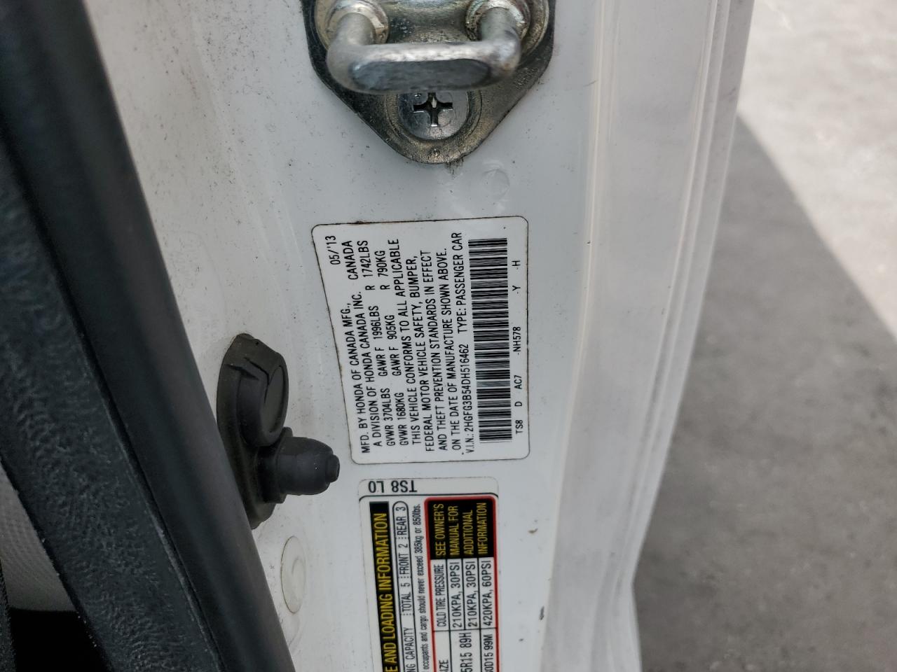 2013 Honda Civic Lx VIN: 2HGFG3B54DH516462 Lot: 84788015