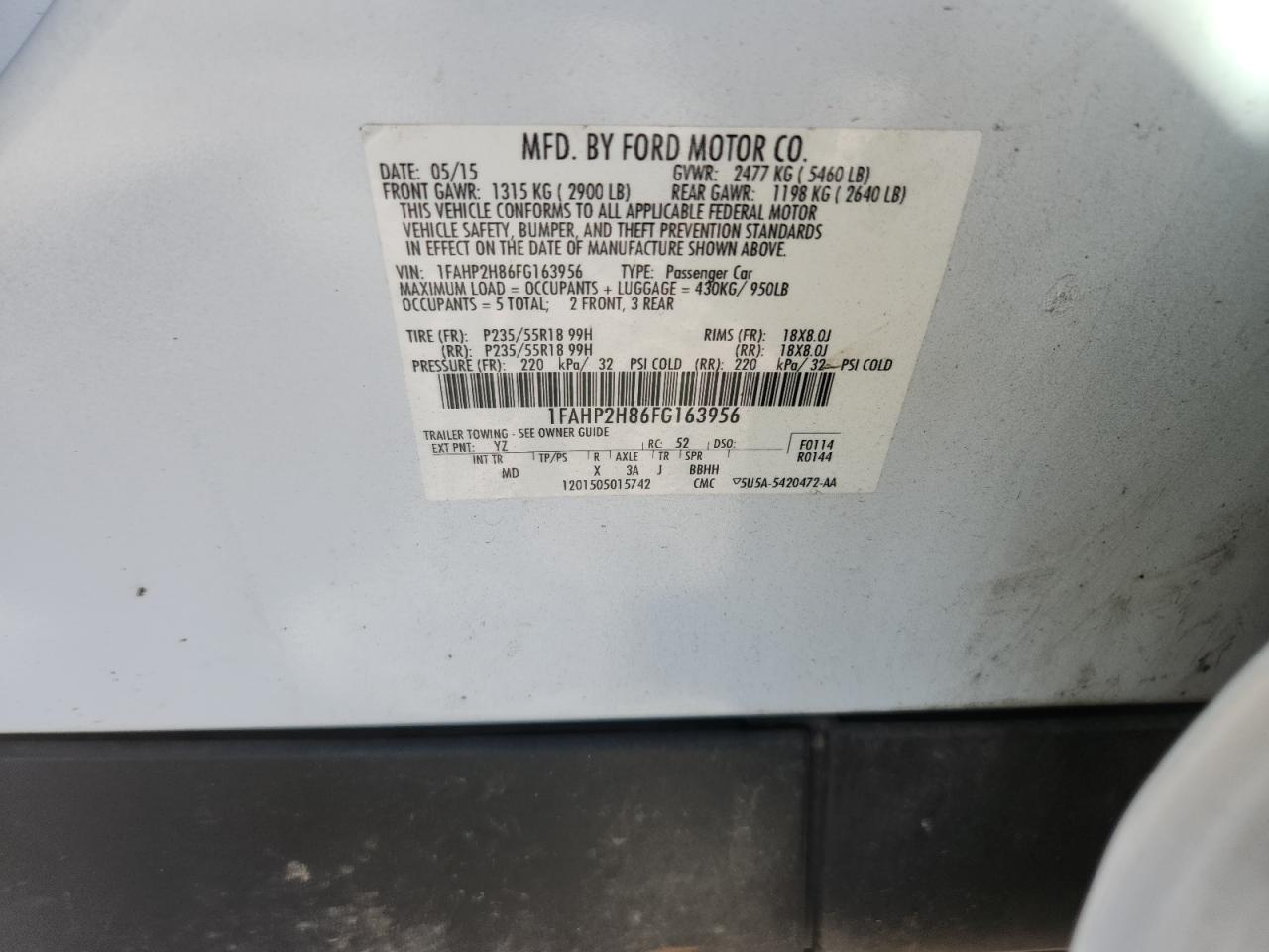 2015 Ford Taurus Sel VIN: 1FAHP2H86FG163956 Lot: 86172035