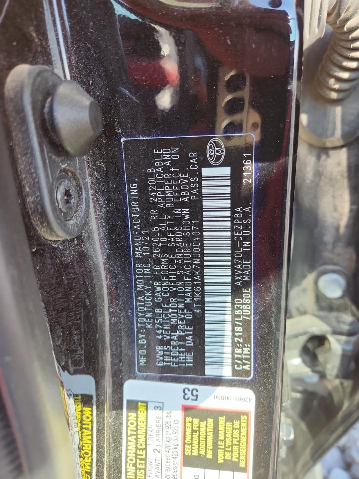 2022 Toyota Camry Xse VIN: 4T1K61AK7NU004071 Lot: 85195175