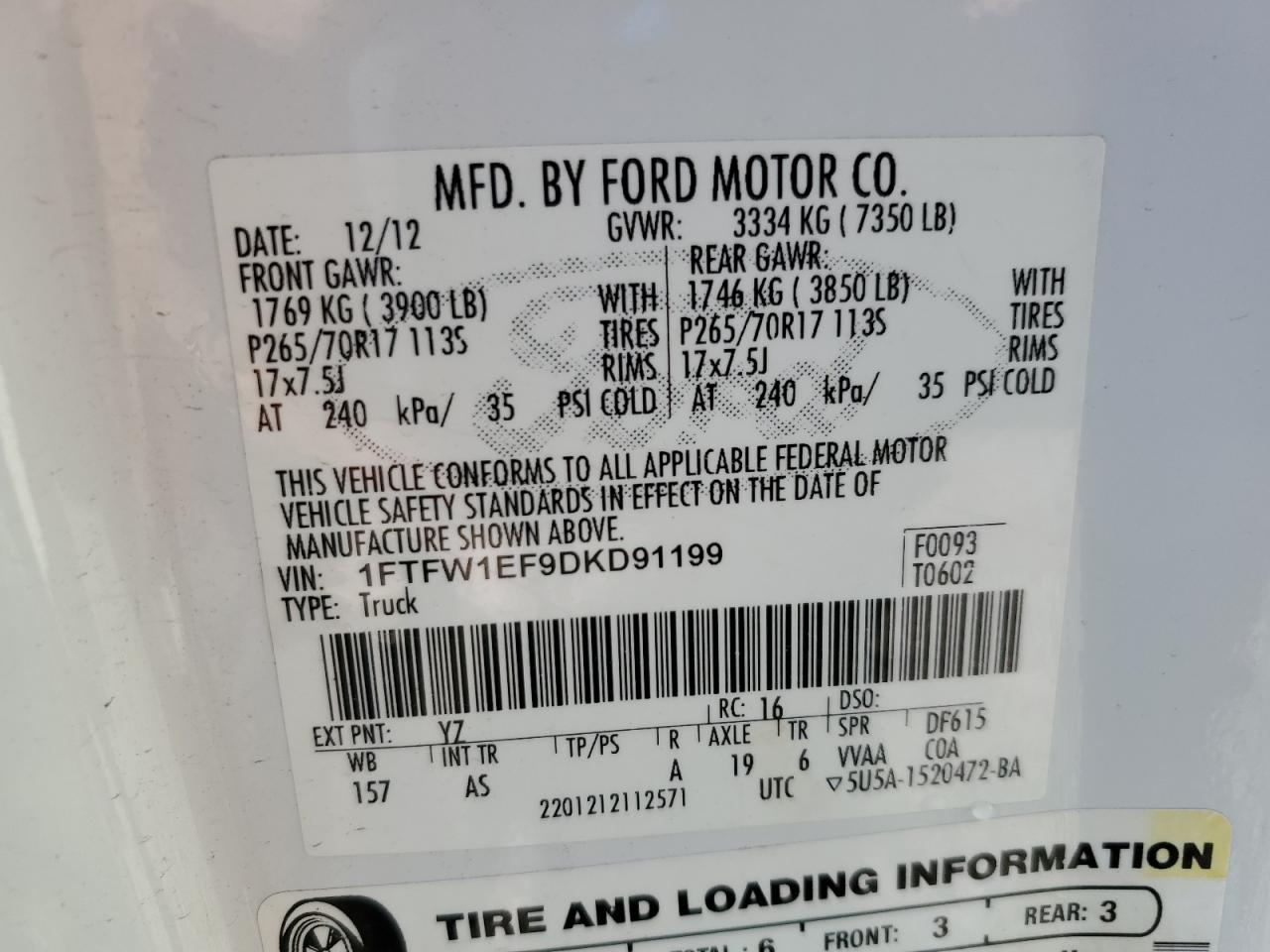 2013 Ford F150 Supercrew VIN: 1FTFW1EF9DKD91199 Lot: 82592525