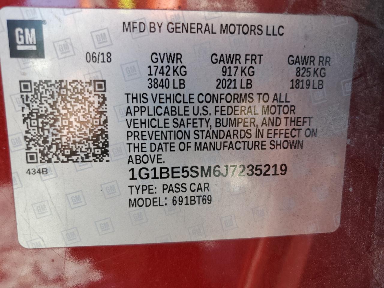 2018 Chevrolet Cruze Lt VIN: 1G1BE5SM6J7235219 Lot: 85699215