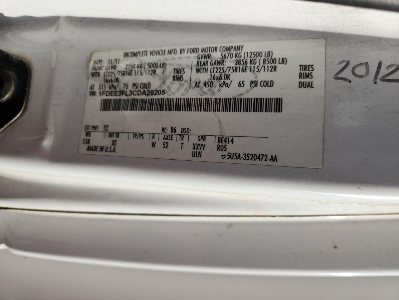 2012 Ford Econoline - Bus VIN: 1FDEE3FL3CDA29205 Lot: 87301435