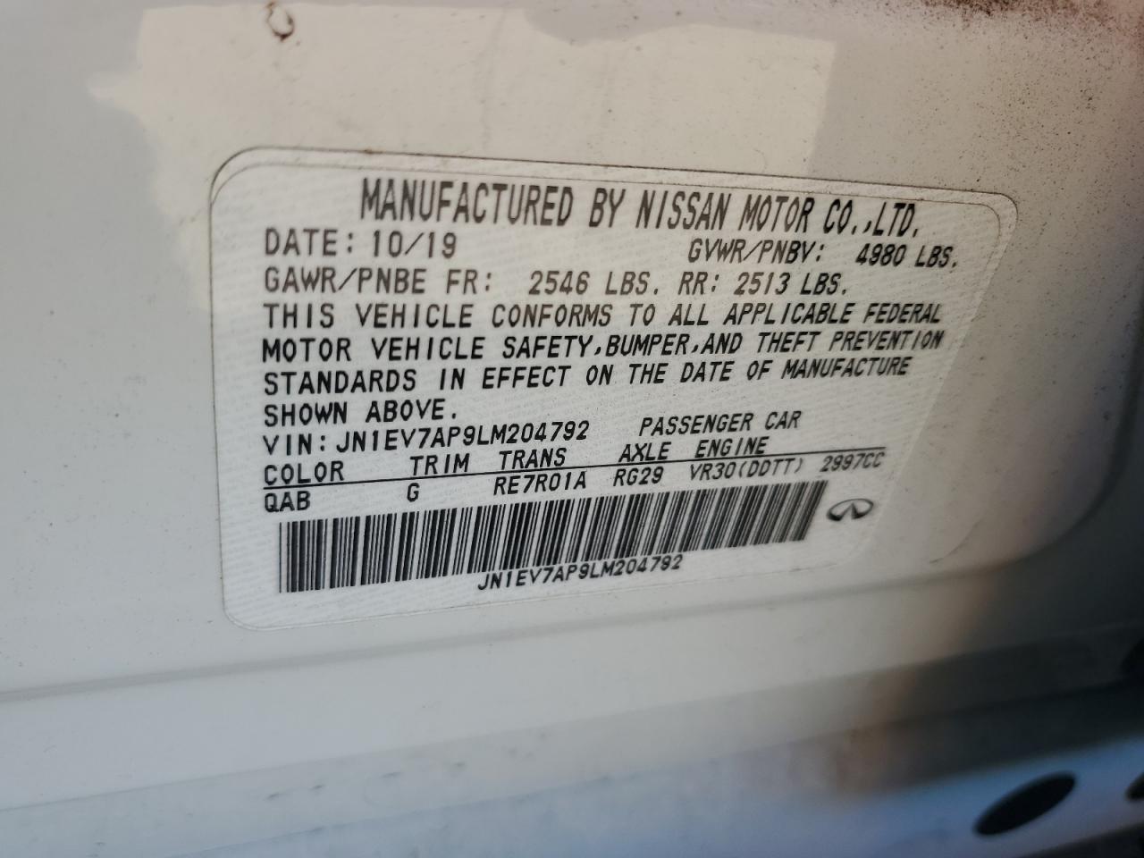 2020 Infiniti Q50 Pure VIN: JN1EV7AP9LM204792 Lot: 82190355