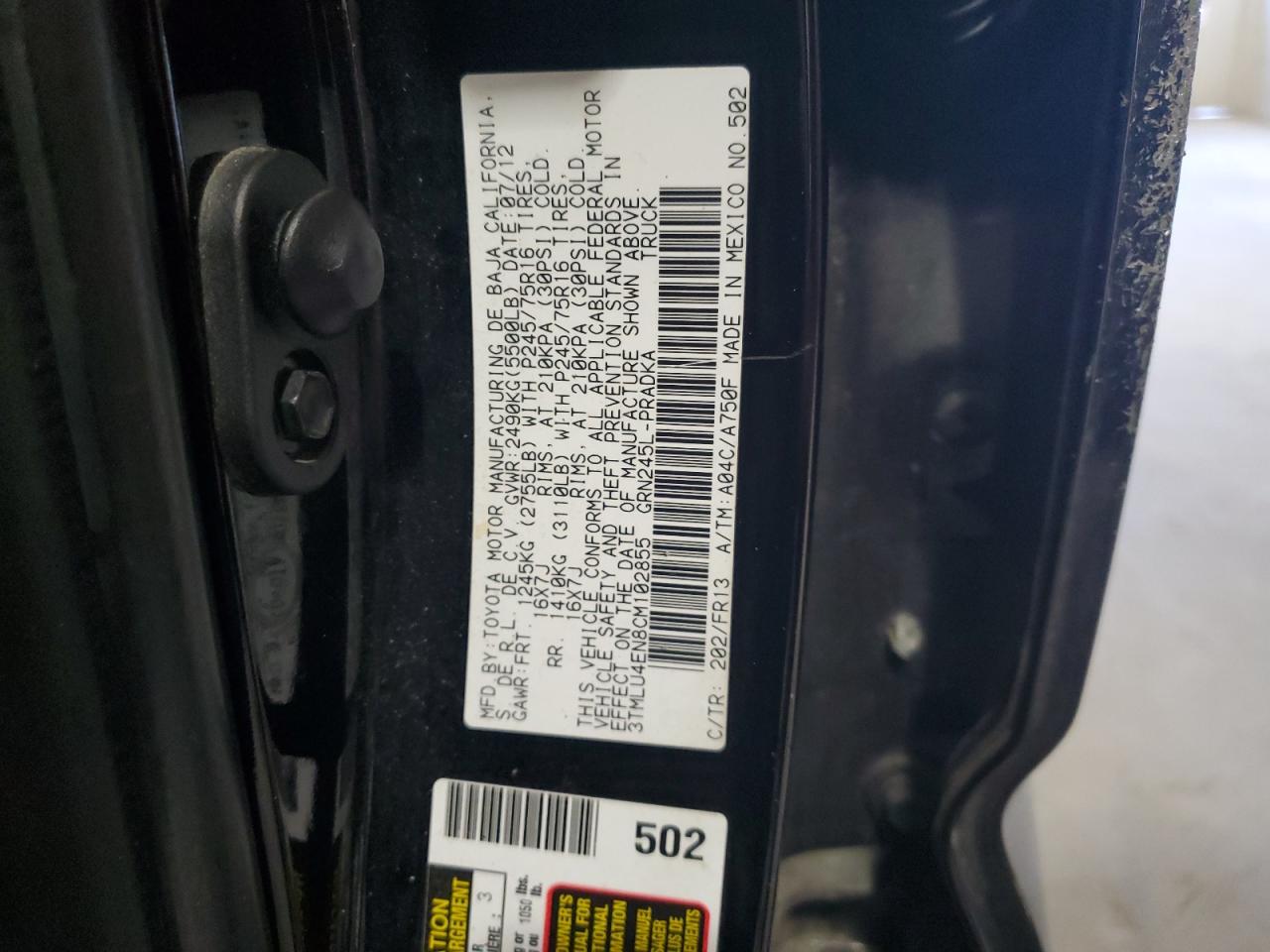 2012 Toyota Tacoma Double Cab VIN: 3TMLU4EN8CM102855 Lot: 85832245