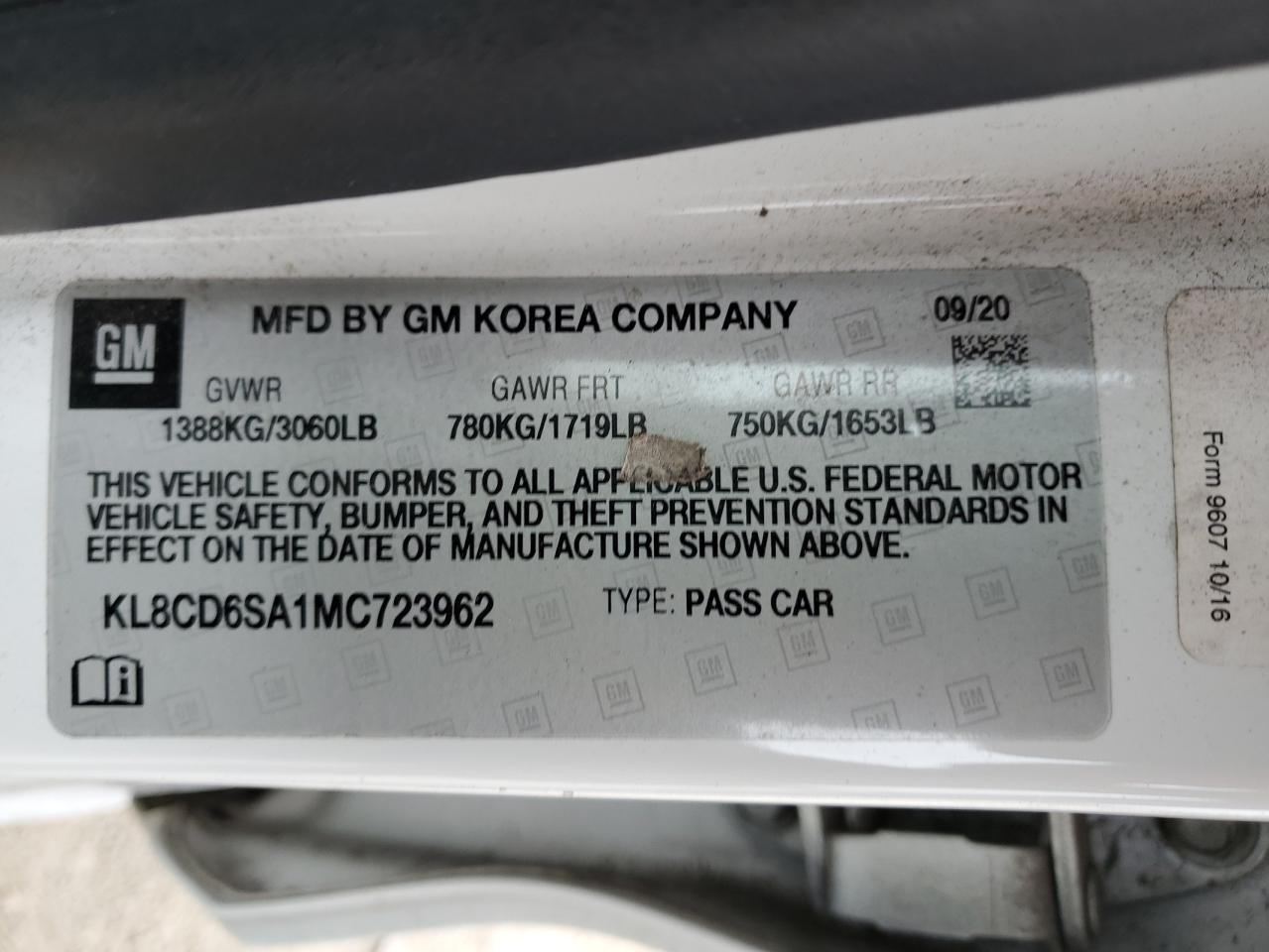 2021 Chevrolet Spark 1Lt VIN: KL8CD6SA1MC723962 Lot: 90342025