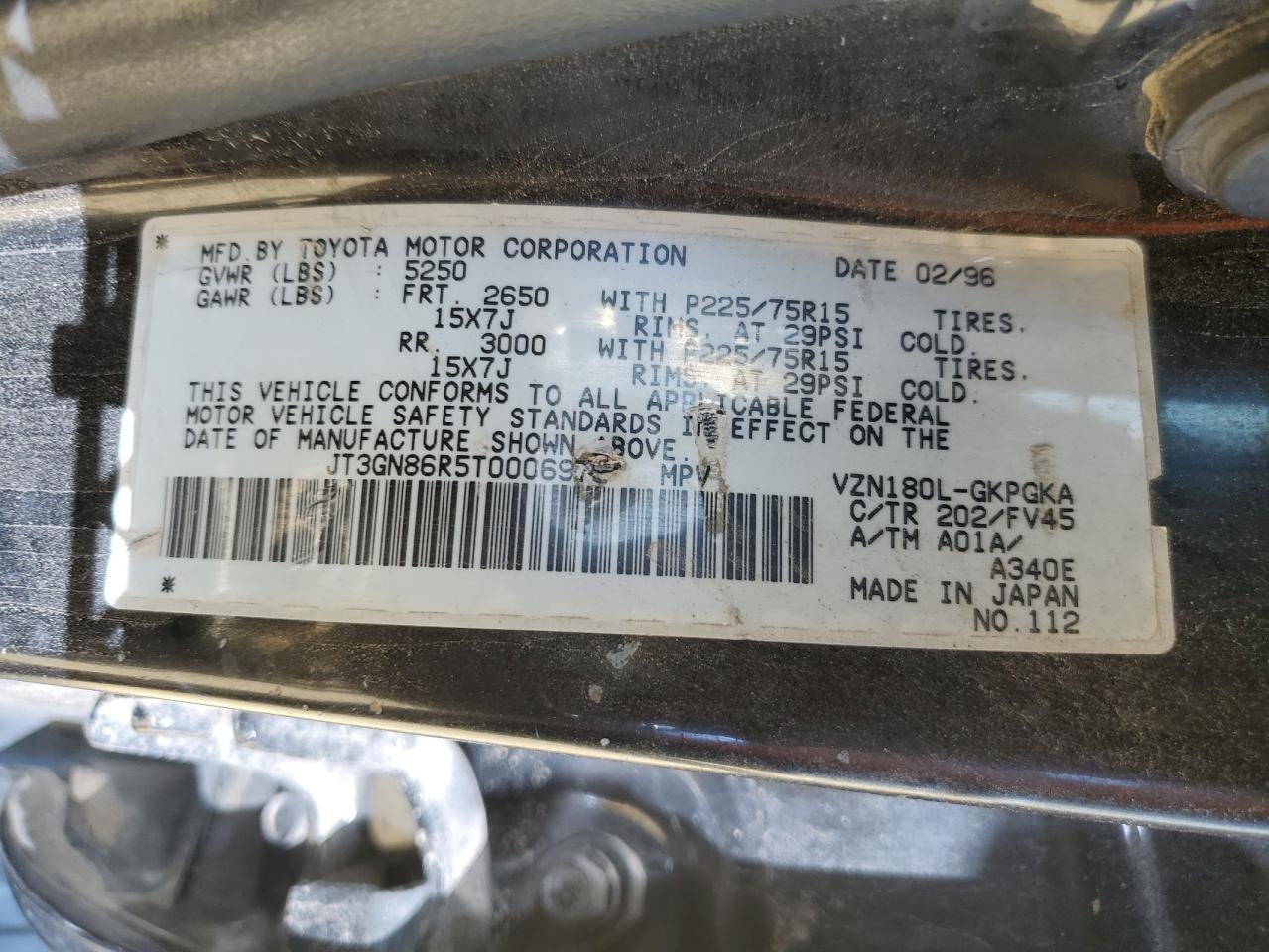 1996 Toyota 4Runner Sr5 VIN: JT3GN86R5T0006972 Lot: 85288105