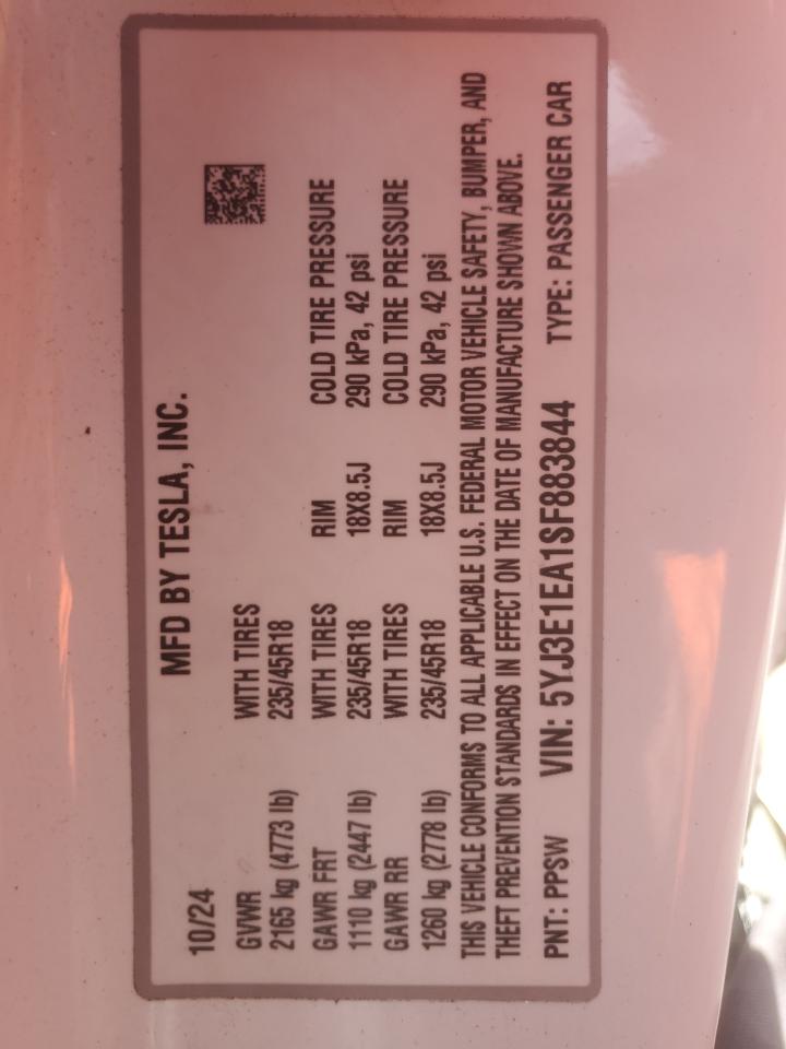 2025 Tesla Model 3 VIN: 5YJ3E1EA1SF883844 Lot: 85342135