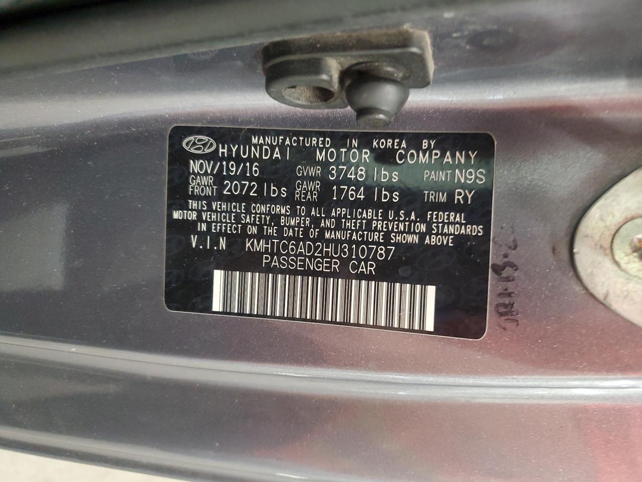 2017 Hyundai Veloster VIN: KMHTC6AD2HU310787 Lot: 85171325