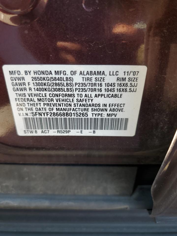 2008 Honda Pilot Exl VIN: 5FNYF28668B015265 Lot: 84900815