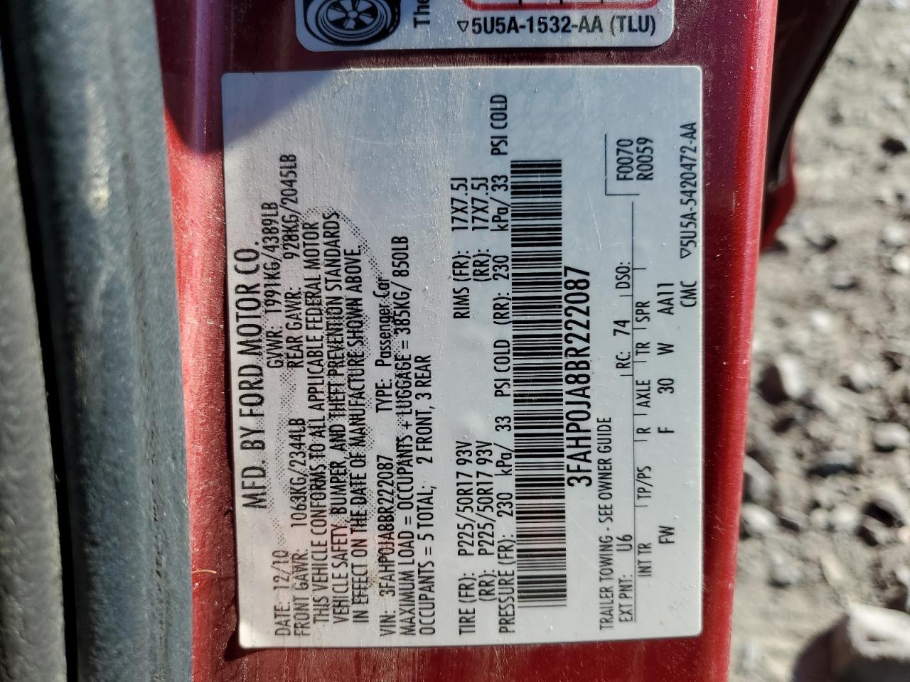 2011 Ford Fusion Sel VIN: 3FAHP0JA8BR222087 Lot: 82271275