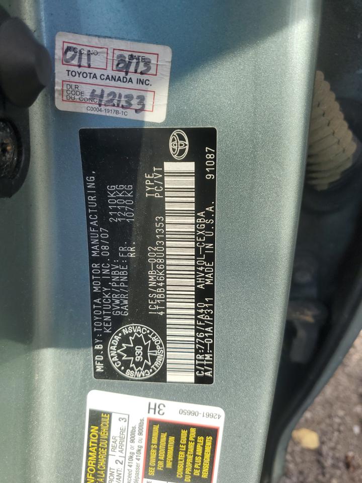 2008 Toyota Camry Hybrid VIN: 4T1BB46K68U031353 Lot: 85511695