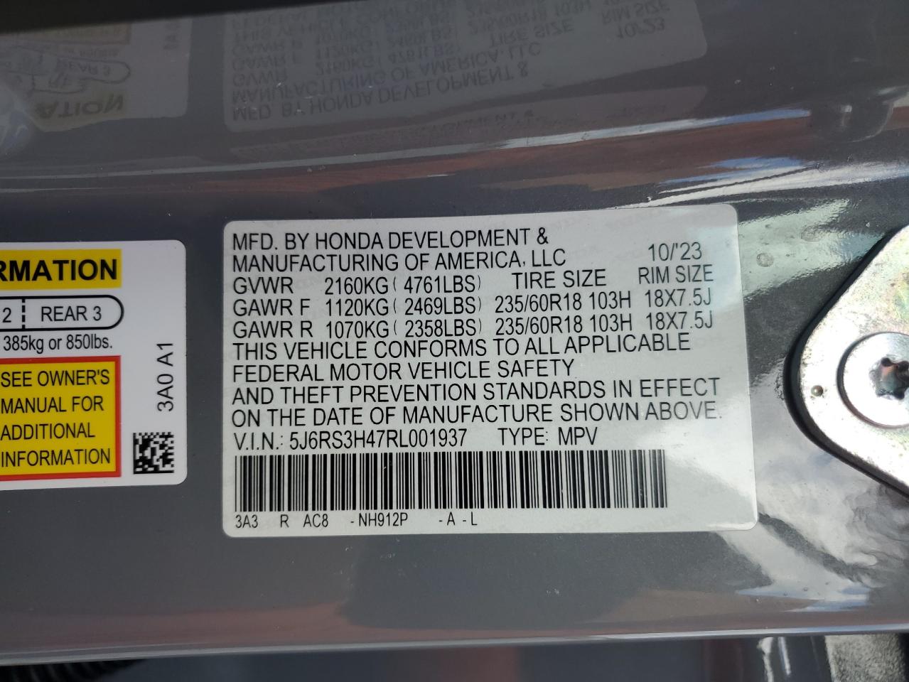 2024 Honda Cr-V Ex VIN: 5J6RS3H47RL001937 Lot: 85528565