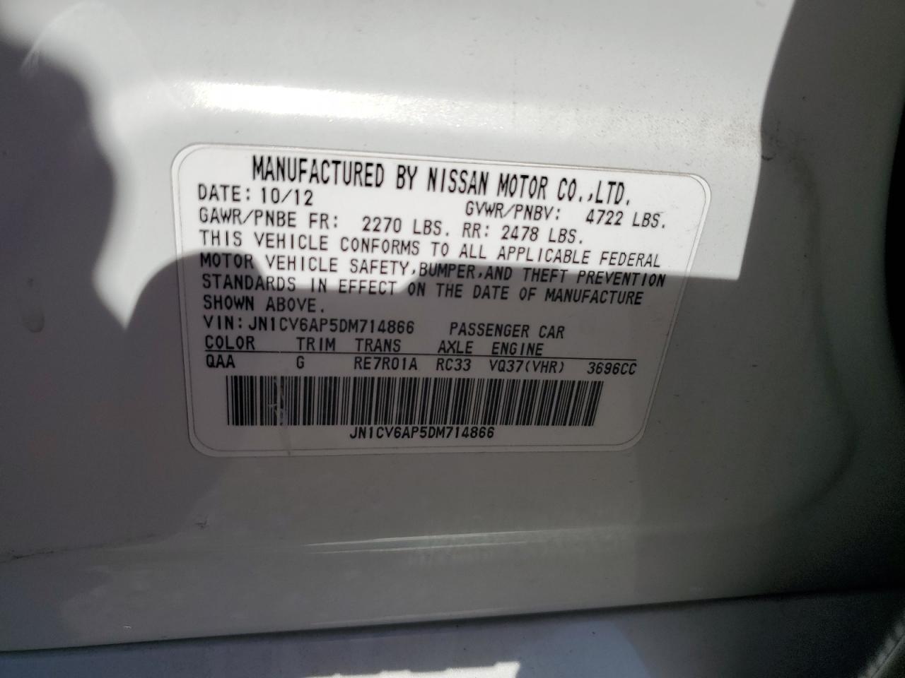 2013 Infiniti G37 Base VIN: JN1CV6AP5DM714866 Lot: 85733445