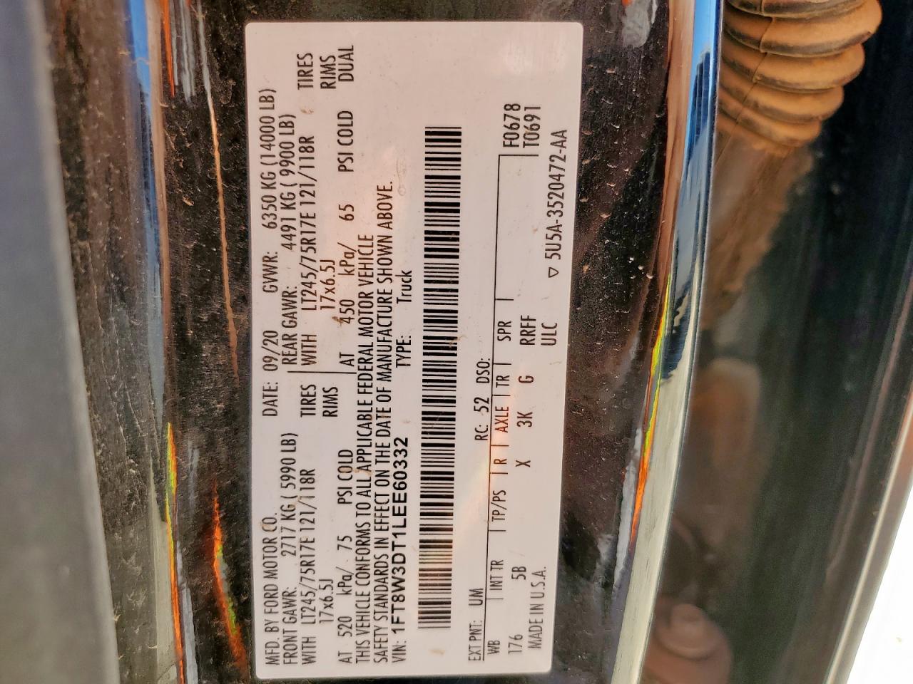 2020 Ford F350 Super Duty VIN: 1FT8W3DT1LEE60332 Lot: 90669485