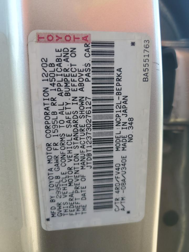 2003 Toyota Echo VIN: JTDBT123730276127 Lot: 86483795