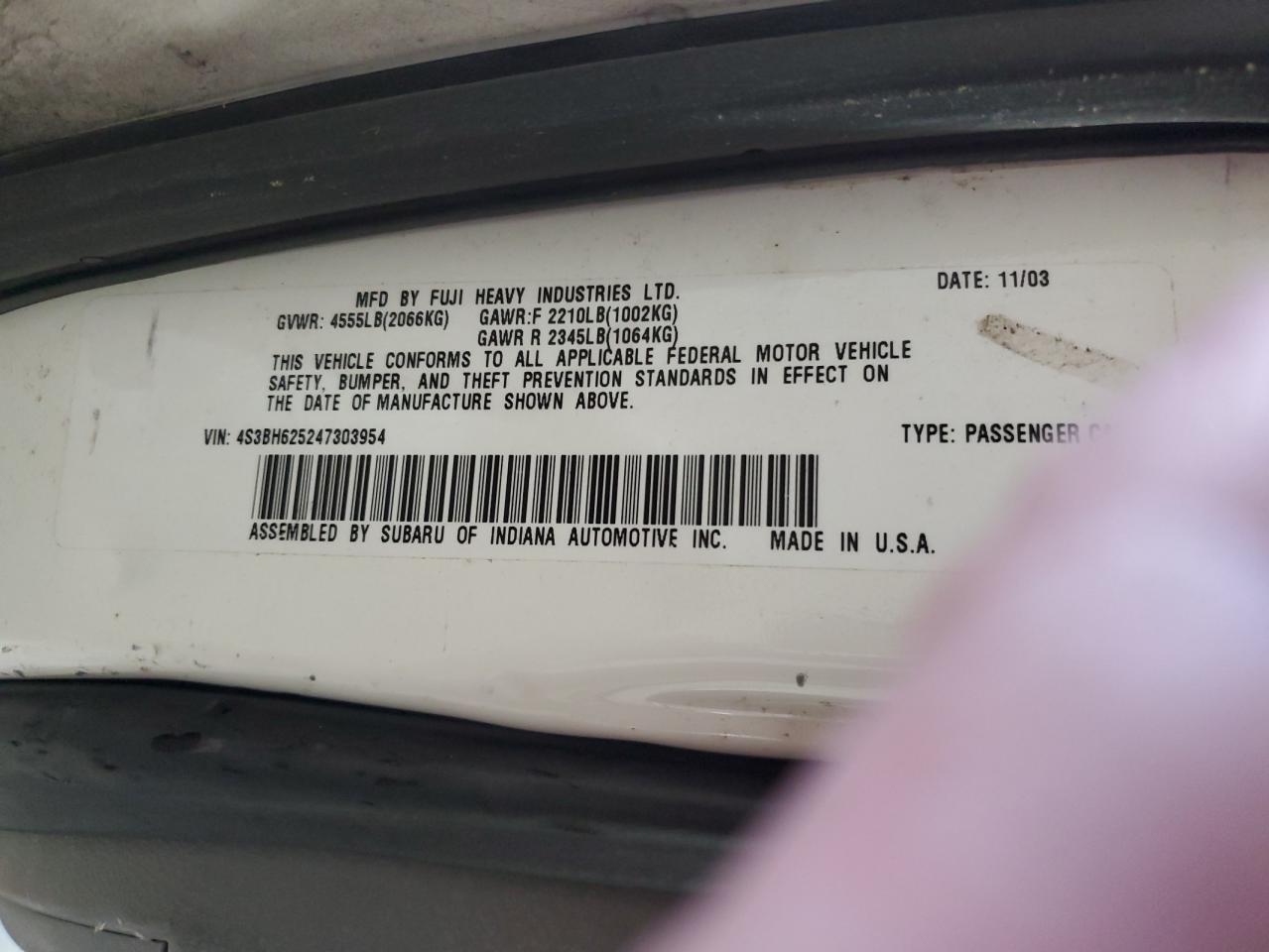 2004 Subaru Legacy L Special VIN: 4S3BH625247303954 Lot: 85178815