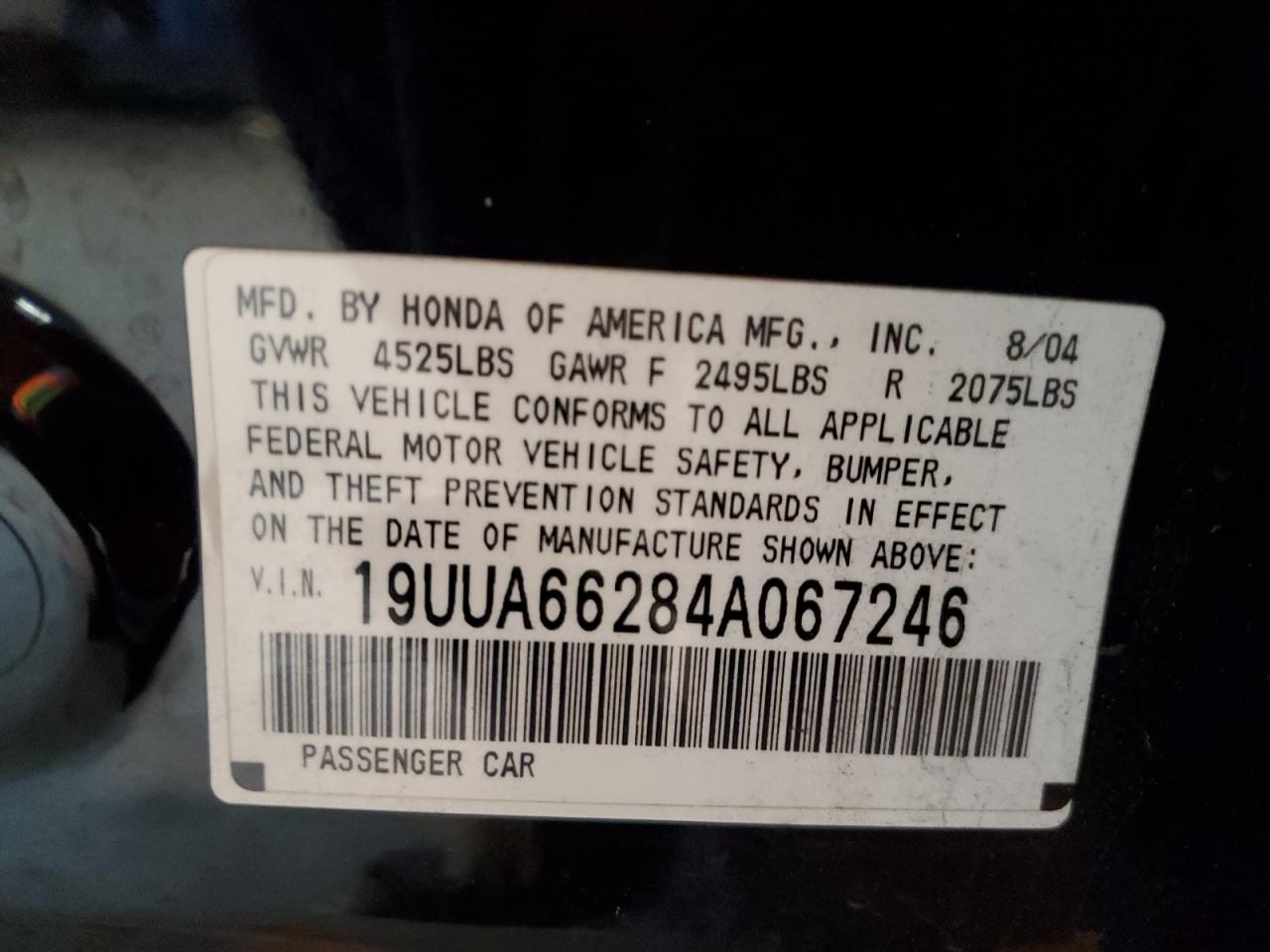 2004 Acura Tl VIN: 19UUA66284A067246 Lot: 85407055