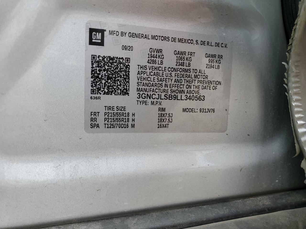 2020 Chevrolet Trax 1Lt VIN: 3GNCJLSB9LL340563 Lot: 82422045