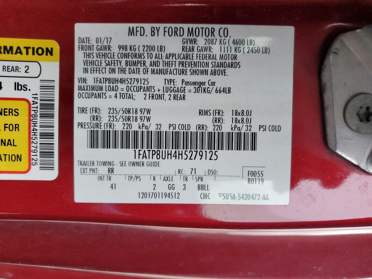 2017 Ford Mustang VIN: 1FATP8UH4H5279125 Lot: 82701605