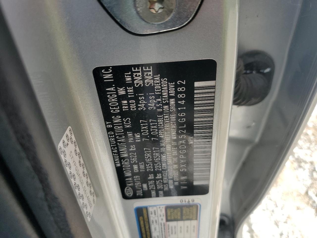 2020 Kia Sorento S VIN: 5XYPGDA52LG614882 Lot: 85534085