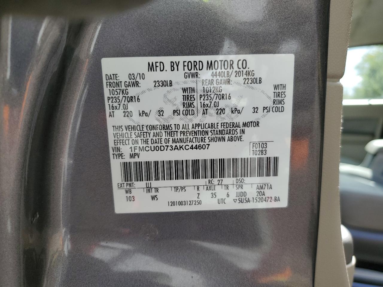 2010 Ford Escape Xlt VIN: 1FMCU0D73AKC44607 Lot: 86444755