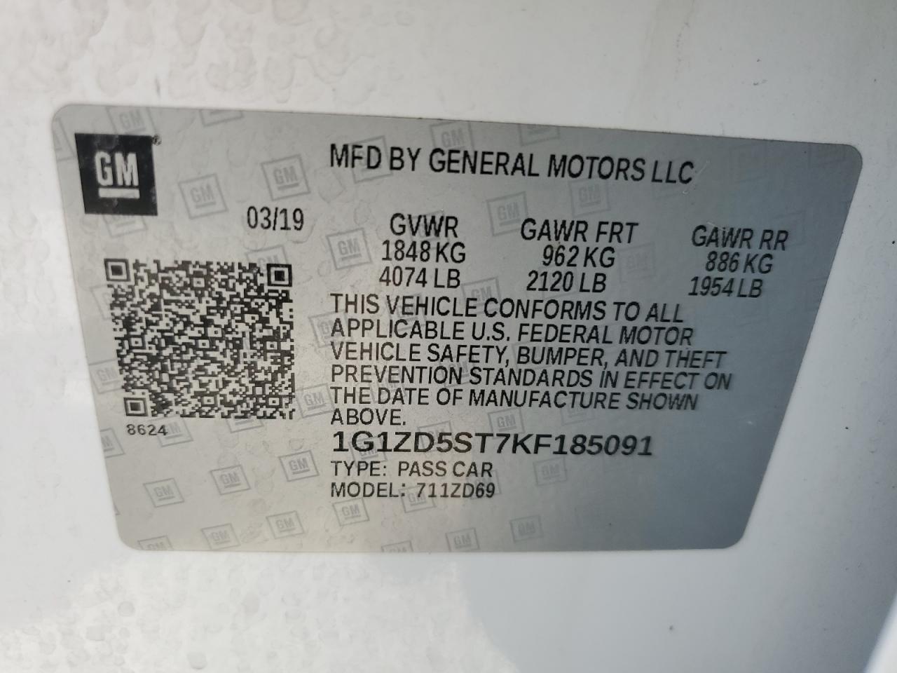 2019 Chevrolet Malibu Lt VIN: 1G1ZD5ST7KF185091 Lot: 84833825