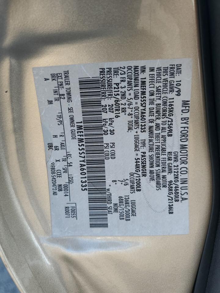 2000 Mercury Sable Ls Premium VIN: 1MEFM55S7YA601335 Lot: 90895815