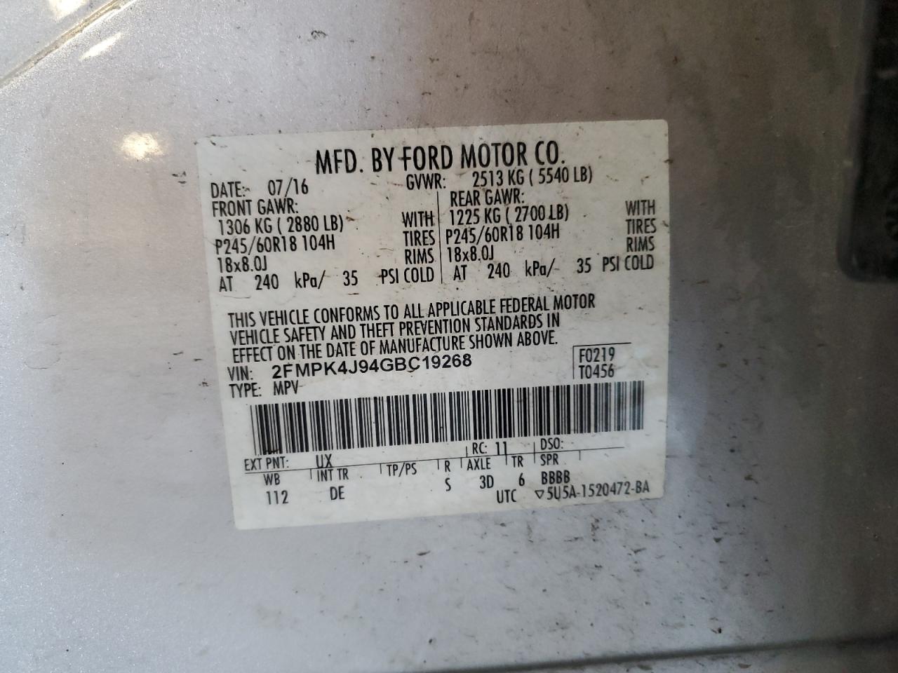 2016 Ford Edge Sel VIN: 2FMPK4J94GBC19268 Lot: 84557725