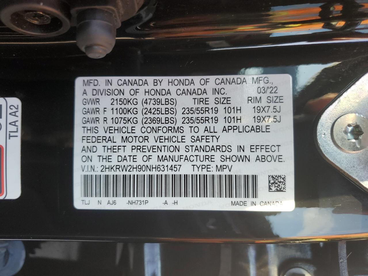 2022 Honda Cr-V Touring VIN: 2HKRW2H90NH631457 Lot: 81121975