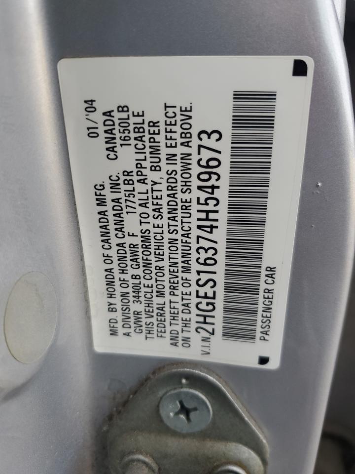 2004 Honda Civic Dx Vp VIN: 2HGES16374H549673 Lot: 90079845
